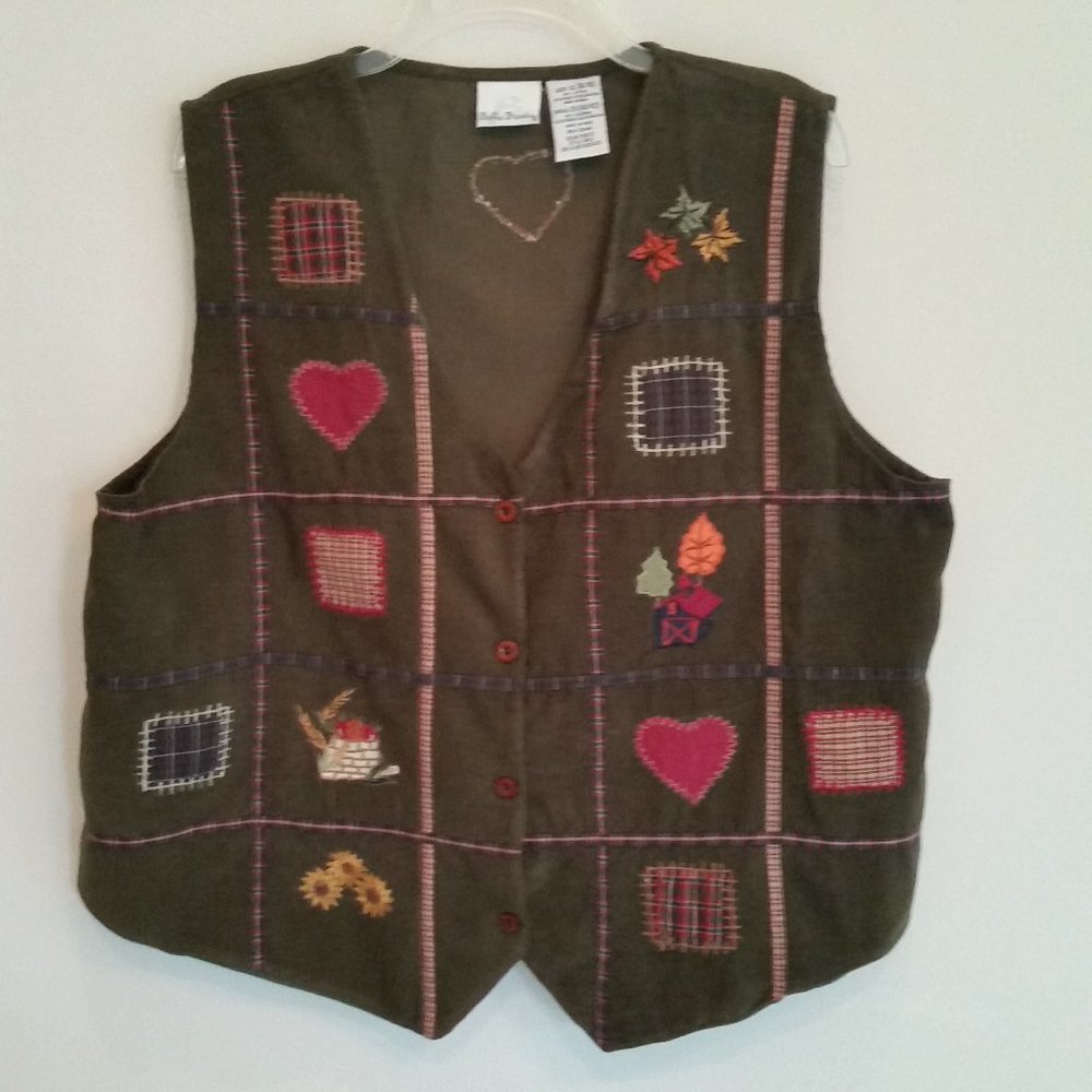 BOBBIE BROOKS XL VINTAGE DK GREEN FALL COTTON CORDUROY VEST COTTAGECORE HEARTS